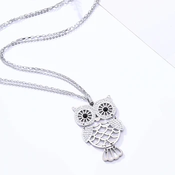 Din Oțel inoxidabil Colier Pentru Femei Argintiu Lung Lanț Dublu Cristal Owl Pandantiv Colier pentru Femei Animal Accesorii Bijuterii