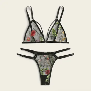 Nouă Femei Sexy Lace Mesh Broderii Florale Set Lenjerie de Moda Lumină ThinThong Seturi de Lenjerie S-3XL תחתונים לנשים