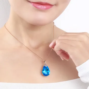 Încrustat Mare Diamant Albastru Picătură de Apă Pere Pandantiv Femeie a Crescut de Colier de Aur Albastru de Cristal Pandantiv cu 45 Cm Lant