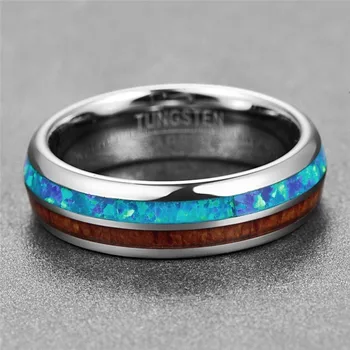 AAA Calitate de Epocă Bărbați Ring Dome de Lustruit Încrustat Albastru Opal Lemn de Salcâm Tungsten Inel de Oțel Pentru Bărbați Bijuterii de Nunta