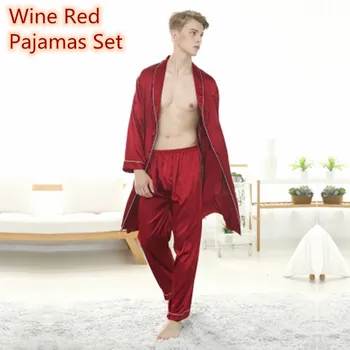 Bărbați Pijamale de Mătase Set de Pijama Satin cămașă de noapte de Top, Pantaloni Lungi Bleumarin Gri Vin Roșu Pijamale, Îmbrăcăminte Acasă Pijamale pentru bărbați