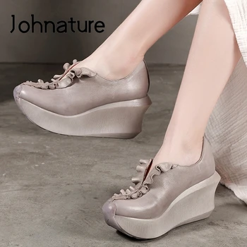 Johnature Pompe de Femei Pantofi 2020 Nouă Primăvară Retro din Piele Pene Rotund Toe Tocuri inalte Alunecare pe Platforma Doamnelor Pantofi
