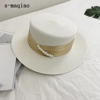 S-maqiao Vara Pălărie de Paie pentru Femei Big Margine Largă Plajă Pălărie Temperament pearl Soare UV Protectie Capac Pălărie Panama Os Chapeu Feminino