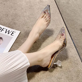 De mari dimensiuni de Vara Femei Transparent Sandale Femei Elegante Tocuri de 7-9cm Bling Cristal Pantofi Doamnelor Partid Rochie sexy, Pantofi