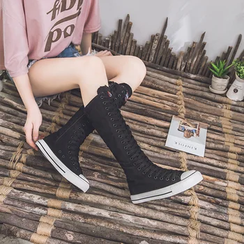 2017 noua moda 3Colors femei pe panza cizme dantela cu fermoar cizme genunchi ridicat cizme pantofi plat casual de mare ajutor punk pantofi fete