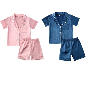 2020 de Vară pentru Copii Seturi de Pijama Copii Băieți Fete Pijamale de Mătase Sleepwear Tinuta Solid V-neck Tricou + Pantaloni îmbrăcăminte de noapte 2 buc Set 0-6Y