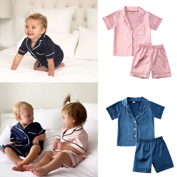 2020 de Vară pentru Copii Seturi de Pijama Copii Băieți Fete Pijamale de Mătase Sleepwear Tinuta Solid V-neck Tricou + Pantaloni îmbrăcăminte de noapte 2 buc Set 0-6Y