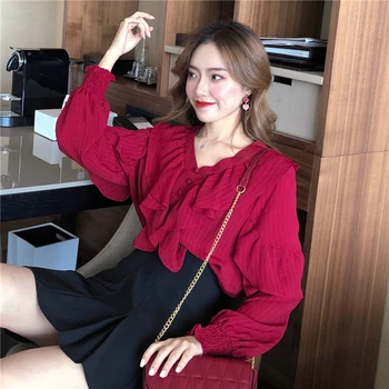 #5072 Primavara-Vara De Epocă Roșu Șifon Bluza Femei Cu Maneci Lungi Sexy V-Neck Bluza Volane Femme Coreeană De Moda Doamnelor Topuri
