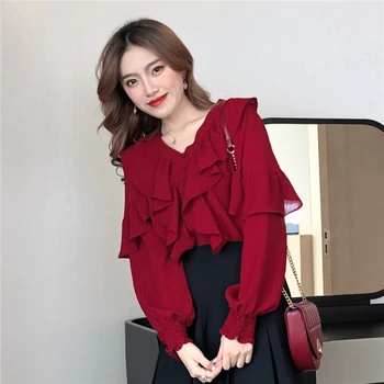 #5072 Primavara-Vara De Epocă Roșu Șifon Bluza Femei Cu Maneci Lungi Sexy V-Neck Bluza Volane Femme Coreeană De Moda Doamnelor Topuri