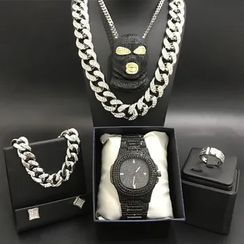 Bărbați De Lux De Culoare Argintie Watch & Colier & Braclete & Inel Si Cercei Combo Set Ceas Hip Hop Jewerly Neckalce Lanț Pentru Bărbați