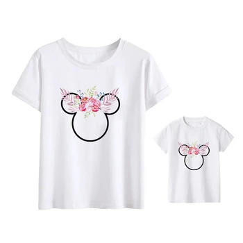 Flori Mickey Mouse Capul de Imprimare T-shirt de Familie Arata Ciudat Mama și Fiica Topuri Copii Tee Familie de Potrivire Haine,Picătură Navă