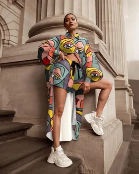 2 Bucata Set Africane Seturi Pentru Femei New Africa De Imprimare Bazin Largi Stil De Rock Dashiki Maneca Lunga Lung Vrac Top+Pantaloni Scurți, Costume Lady