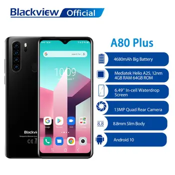 Blackview A80 Plus Smartphone Octa Core Telefon 13MP Quad Camera 4GB RAM+64GB ROM 4680mAh Android a Bateriei 10 NFC, 4G Telefon Mobil