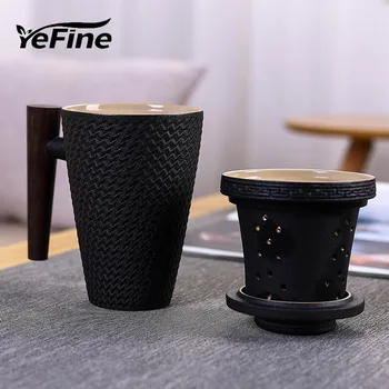 YeFine Ceramice Cana De Cafea Cu Filtru Și Capac Creative Mâner De Lemn Cani Cu Ceai Infuser Britanic Ceai Negru Cani De Portelan