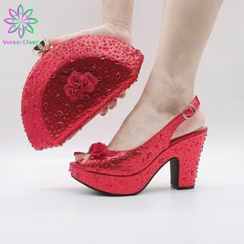 Mai nou Design de Culoare de Aur Mijlocul Tocuri de Pantofi și Geantă de Set de Nunta pentru Femei de Moda de Vară, de Toamnă Mini-dovada Square Toe Pantofi