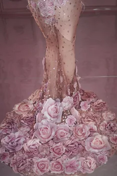 Femei Cantareata de Performanță Costum de Design de Moda Flori Roz Vedea Prin Rochie Lunga 3D Model Mesh Stretch Ziua Rochie de Petrecere