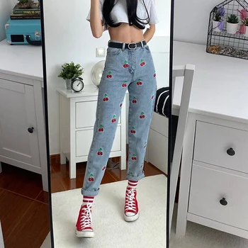 Rockmore Cherry broderie Talie Inalta Blugi Pentru Femei Buzunare Epocă Pantaloni de Creion coreean Harajuku Streetwear Drăguț Denim Joggeri