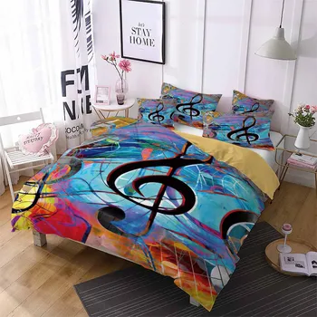 HELENGILI 3D asternuturilor de Pat Set de Note Muzicale Imprimare Carpetă Acopere Stabilit Realiste, Lenjerii de pat, cu fata de Perna Pat Set Textile Acasă #YF01