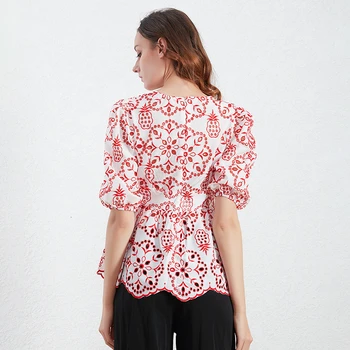 TWOTWINSTYLE Print Vintage pentru Femei Tricou Pătrat Guler Maneci Scurte Talie Mare Gol Afară Tricouri Femei 2020 Moda de Vara Noi