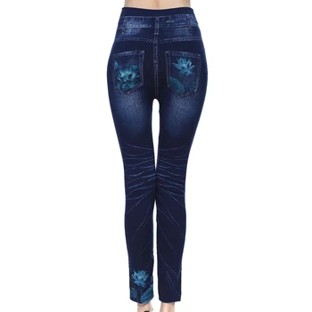 Laamei Moda Femei Jambiere Print Floral Pantaloni de Creion Leggins 2019 3XL Plus Dimensiune Talie Mare Hollow Out Faux Denim Leggings
