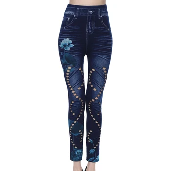 Laamei Moda Femei Jambiere Print Floral Pantaloni de Creion Leggins 2019 3XL Plus Dimensiune Talie Mare Hollow Out Faux Denim Leggings