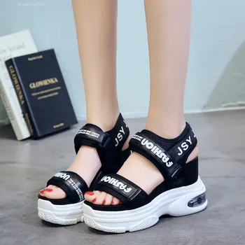 New Sosire 2020 Vara Sandale cu Platforma Femei 10 CM Pene Fund Gros Pantofi Casual Confortabil Alb Negru Sandale Adidasi