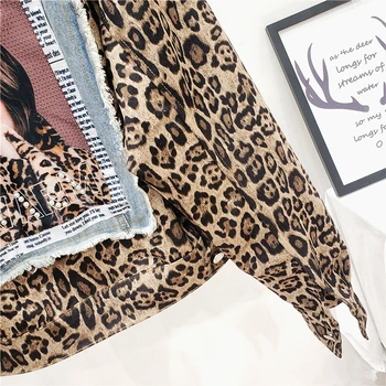 2020 Toamna De Moda Noua Leopard Scurt Mozaic Jacheta Denim Pentru Femei Haina Cu Maneci Lungi Largi Blugi Sacou Femei Streetwear D3305