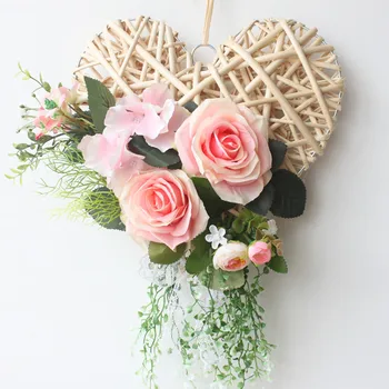 Rattan forma de Inima a Crescut ghirlanda ușă decor nunta cu flori de mătase coroană de flori decor de perete