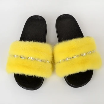 Blană de nurcă Slide-uri de Femei de Vara, Papuci de Casă, Blana naturala Sandale Femei cu Blană pentru Femei Pantofi de Acasă de Cristal de Lux Femeie Încălțăminte 2020