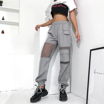 Rapwriter Plasă De Mozaic Mare Elastic Talie Pantaloni Joggers Femei 2020 Streetwear Harajuku Mare Buzunar De Pantaloni De Trening Gri Pantaloni Largi
