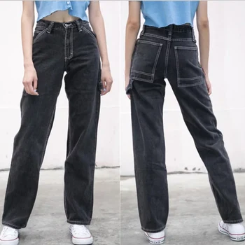 Largi Picior Blugi Femei Retro Direct din Denim cu Talie Înaltă Spălat Pantaloni Femei 2020 Toamna Buzunare Mari Streetwear Pantaloni Pentru Femei