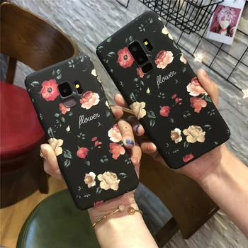 Retro Trandafir Rosu Floare Floral Cazuri Pentru Samsung Galaxy S7 S8 S9 Plus Nota 8 Negru Plante Cu Flori Frunze S9 S9 Plus Mată Caz