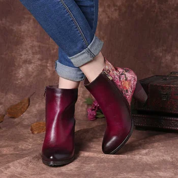 SOCOFY Retro Cusut Cizme Flori Imprimate Model cu Fermoar Confortabil cu Toc Glezna Cizme Elegante Doamnelor Pantofi Femei 2020