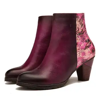 SOCOFY Retro Cusut Cizme Flori Imprimate Model cu Fermoar Confortabil cu Toc Glezna Cizme Elegante Doamnelor Pantofi Femei 2020