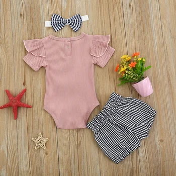 Noul Copil Nou-născut Tinuta Set Baby Girl Haine de Culoare Solidă Romper+Stripe Pantaloni+Bentita 3PCS Vara