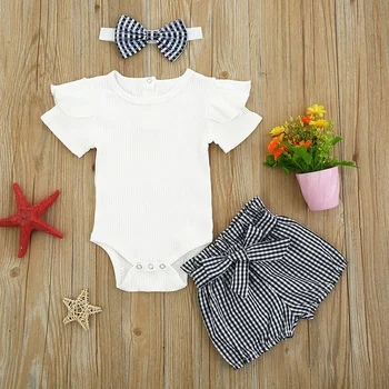 Noul Copil Nou-născut Tinuta Set Baby Girl Haine de Culoare Solidă Romper+Stripe Pantaloni+Bentita 3PCS Vara