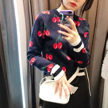 2020 Toamna iarna nou-coreean maneca lunga Stil de colegiu Cherry Pulover jacquard Tricotate Femei de Top underpainting pulover B-173