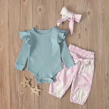 Nou-născut Copilul Haine Fete Model Floare cu Maneca Lunga Body+Floral Pantaloni+Benzi Copilul 3Pcs Tinutele Vestimentare Set