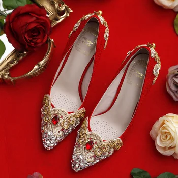 Femei Dantelă Roșie Pantofi de Nunta cu Aur de Metal și Cristale Subliniat Deget de la picior Toc Pompe Rochie de Mireasa, domnisoara de Onoare Strasuri