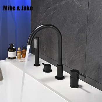 Negru Cascada Cadă mixer cu alamă duș de mână dublă funcție negru de baie robinet montat deck baie robinet de duș MJ04118H