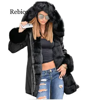 Rebicoo jacheta de iarna pentru femei new long parka haină de blană fals mare de blană de vulpe guler de blană cu glugă parka haine groase stree style