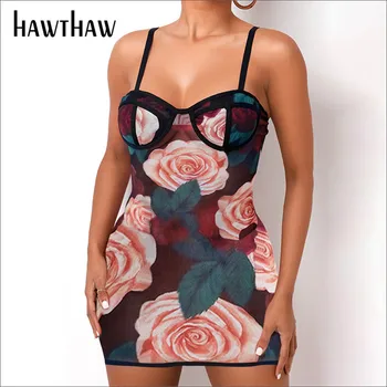 Hawthaw Femei Toamna Iarna Bodycon Rose Floral Imprimat Pachet Șold Mini Rochie Scurta Sundress 2020 Haine De Sex Feminin Streetwear