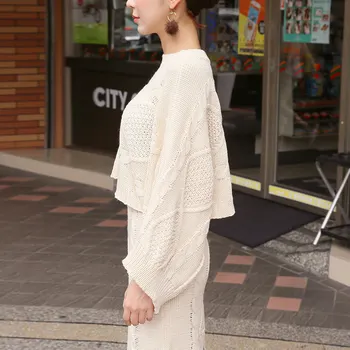 Coreeană Noua Moda Tricotate 2 Bucata Set Twist Croșetat Batwing Maneca Pulover Crop Top Și părți Bodycon Fusta Costume Femei