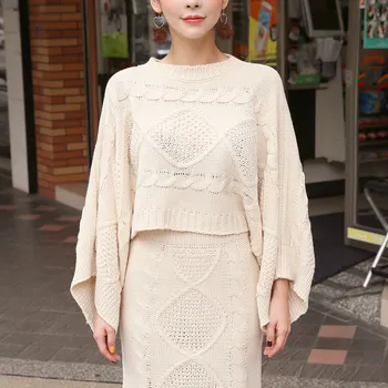 Coreeană Noua Moda Tricotate 2 Bucata Set Twist Croșetat Batwing Maneca Pulover Crop Top Și părți Bodycon Fusta Costume Femei