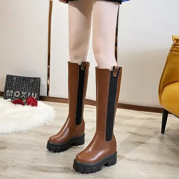 Moda cu Fermoar Femei Cavaler Cizme Rotund Toe PU Caldă Femei de Înaltă Cizme Lungi de Cauciuc, Tocuri Groase Genunchi-Cizme Pantofi Femei Toamna