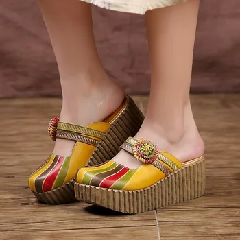 BEYARNE Pantofi de Vara pentru Femei Wedge Slide-uri Acoperă Manual Degetele de la picioare Flori Toc Gros Piele naturala Lady Platforma Papuci