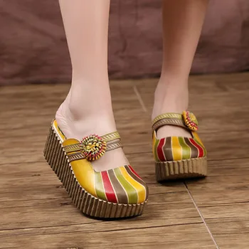 BEYARNE Pantofi de Vara pentru Femei Wedge Slide-uri Acoperă Manual Degetele de la picioare Flori Toc Gros Piele naturala Lady Platforma Papuci