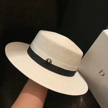 2020 M Scrisoare Flat Top Pălărie de Paie cu Panglică Luntraș Plaja Palarie de Vara pentru Femei Wide Brim Fedora M Panama din Paie de Călătorie Soare Capac