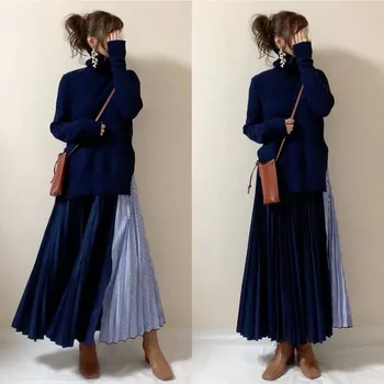 2020 Elegante, Pulovere Tricotate Rochie coreeană Japonia Stil Femei Tricotaje Maneca Lunga Mozaic Maxi Dress Femme Vestiods Noi