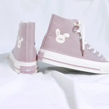 Stil Japonez Femei Lolita Dulce Pantofi Plat Iepure Drăguț Urs De Imprimare Panza Pantofi Drăguț Girly Cap Rotund Bord Mare Sus Pantofi